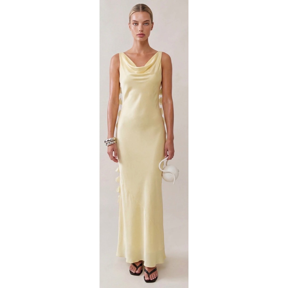 o.p.t One Pretty Time Yellow Satin Floral Petal Applique Maxi Dress Medium NWT